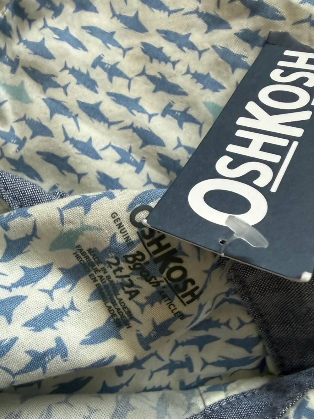 OshKosh B'gosh|White and Blue DitsyShark-Print Button-Down Shirt with collar•NWT